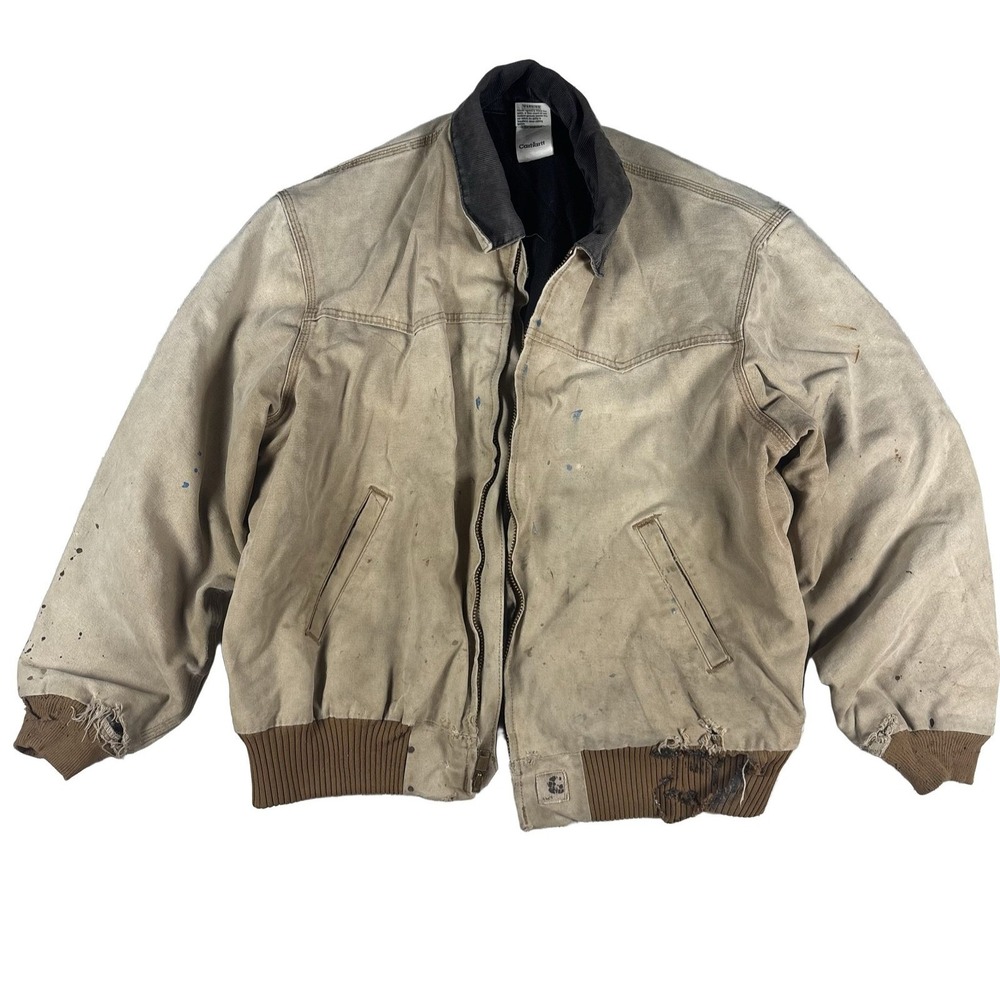 Carhartt Santa Fe J14 BRN 2XL Tan Quilted Canvas Bomber Work Jacket THRASHED